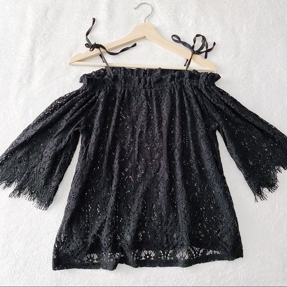 Bebe Black Lace Tied Off Shoulder Top - Picture 4 of 10